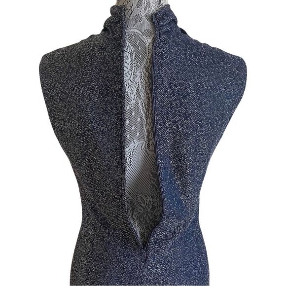 Vintage 1970s Sparkly Draped Mock Neck Maxi Dress Navy Blue - Picture 6 of 10